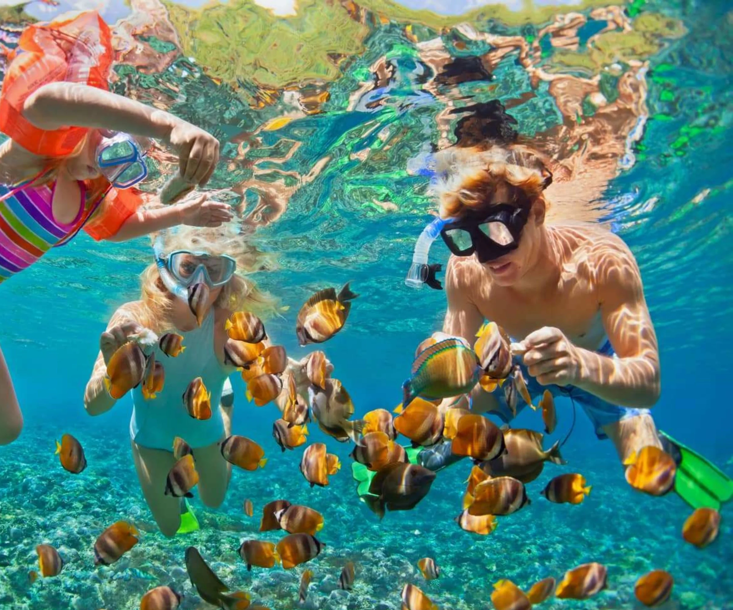 Family snorkelling over a coral reef on the Kenyan coast near Watamu