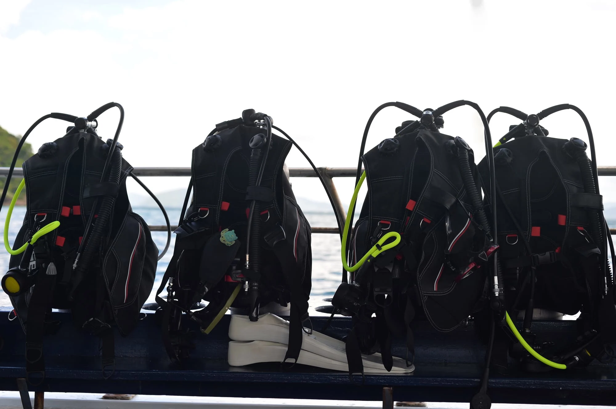 Scuba diving equipment set up for a two-dive boat package in Watamu
