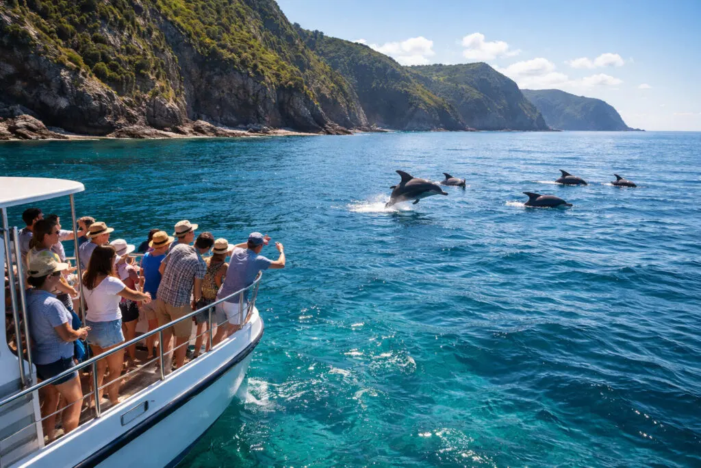 Boat maintaining a safe, respectful distance during ethical dolphin watching