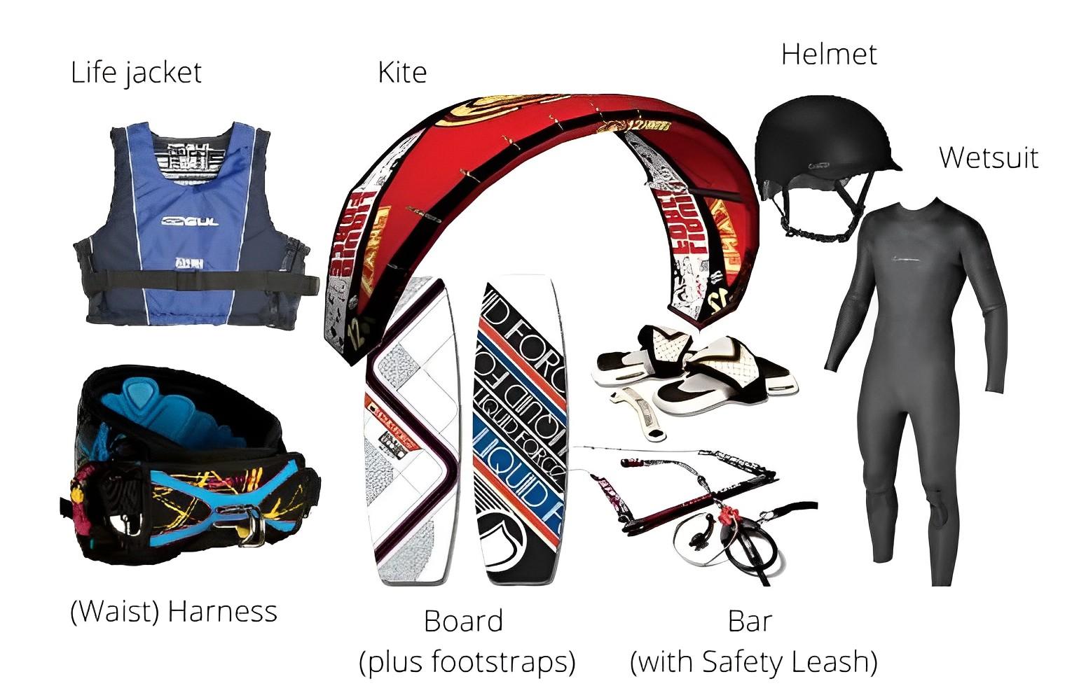 Kite surfing equipment including kite, board, harness and safety helmet