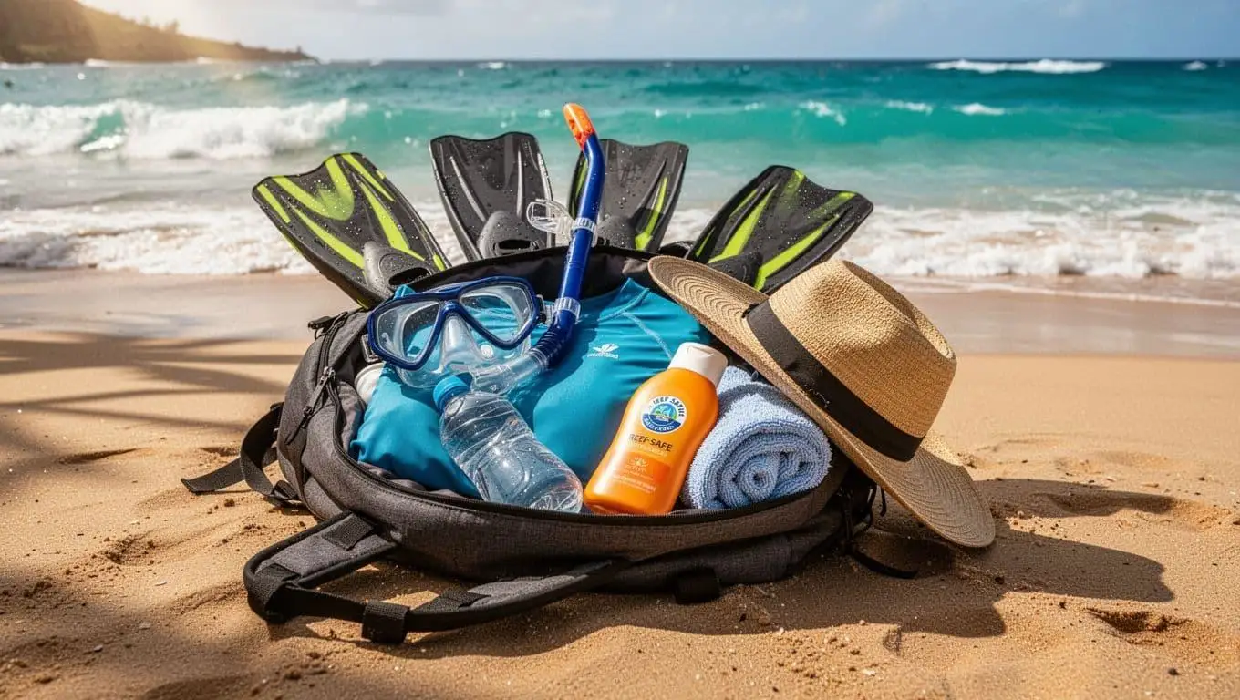 Essential items to pack for a Watamu marine excursion including sunscreen water and sunglasses
